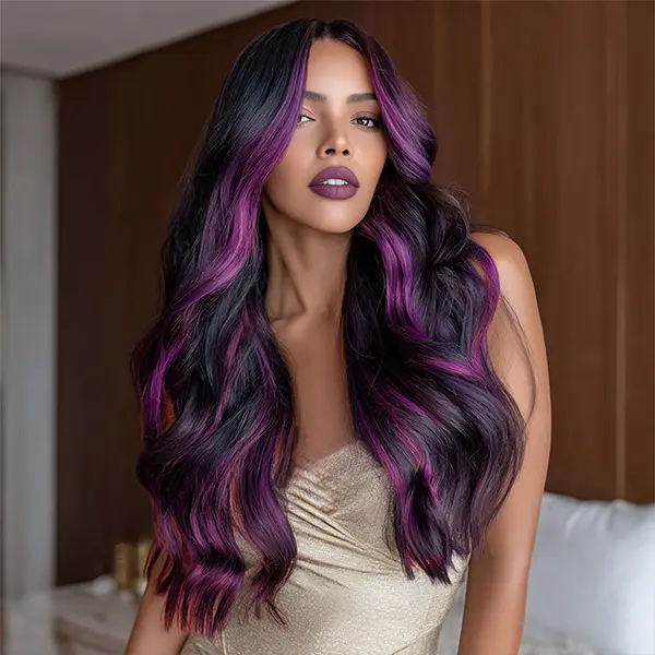 SMILCO/26Inch Highlight Purple with Black Long Curly Synthetic Wig/SM497
