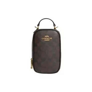 COACH Eva 11 Classic Monogram Mini Crossbody Bag for Women – Brown and Black Faux Leather with Zip Closure and Card Slots