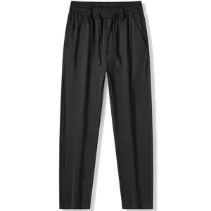 Men’s high-quality mulberry silk breathable pants with drawstring elastic waistband, straight-leg casual design, summer loose fit, durable and easy care, slanted pocket long pants; men’s everyday wear pants available in sizes 30–38 inches.