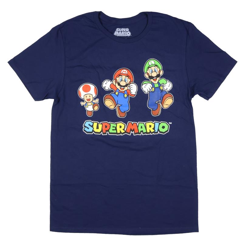 Super Mario Men's Toad Mario And Luigi Running Graphic Print T-Shirt (Medium, Navy)