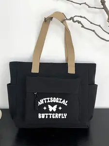 Antisocial Butterfly Print Saddle Bag, Large Capacity Commuter Student Backpack, Multi-Layer Shoulder Handbag, Essential for Students & Office Workers