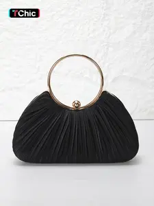 Elegant Pleated Satin Women's Evening Bag, Round Handle Handbag, Crossbody with Strap, Clip Closure, Perfect for Weddings, Parties, Events