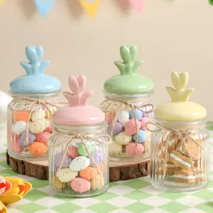 Spring Glass Candy Jar Decor - 4 count  Candy Jars with Ceramic , Spring Table Decor,  Decorative Jars for Farmhouse  Decorations, Candy Jar Decorations for Table Centerpiece