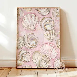 Oyster Sea Shell Wall Art Print, Pastel Pink Abstract Coastal Poster, Beach House Summer Dining Room Decor, Unframed