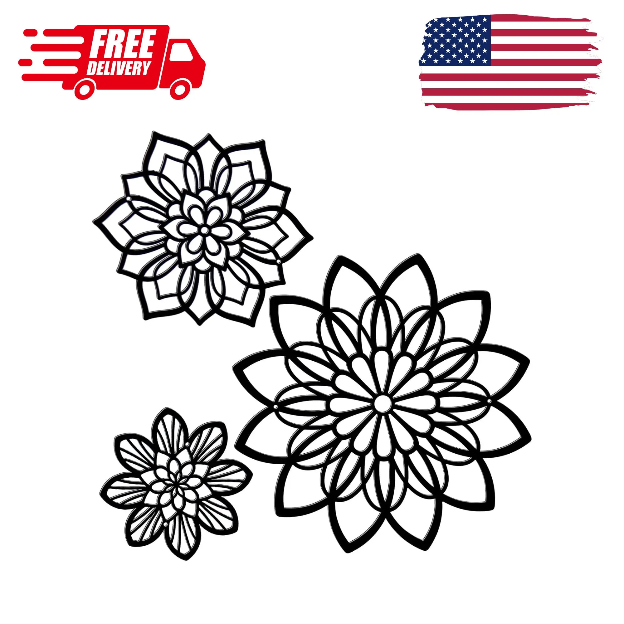 3 Pcs Metal Flowers Wall Art Bathroom Decor (Black Elegant)