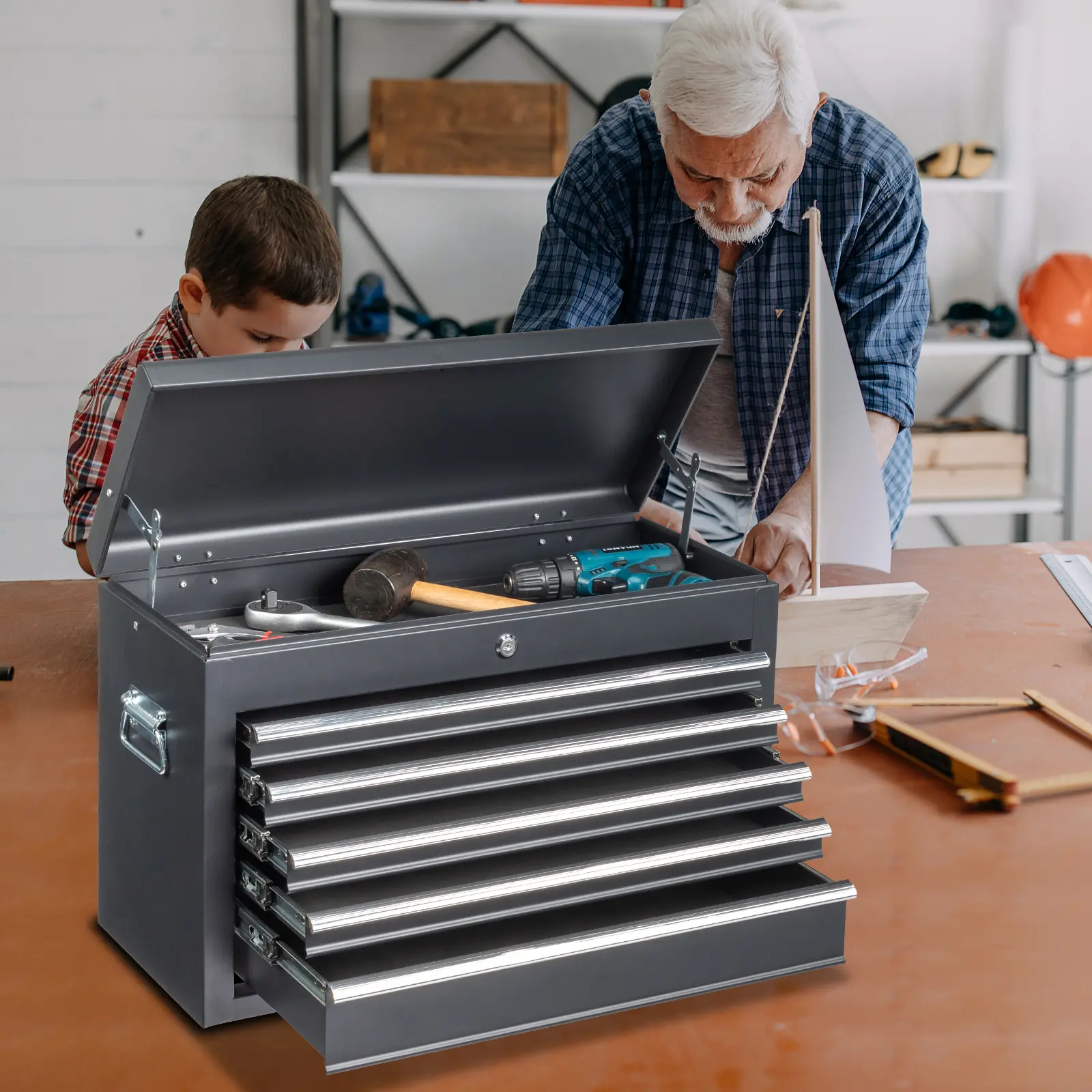24" Portable Metal Tool Box, 5 Drawers Toolbox with Top Storage Tray, Carry Handle, Ball Bearing Runners, Lockable Tool Chest Cabinet for Garage, Warehouse, Repair Shop & Home, Black