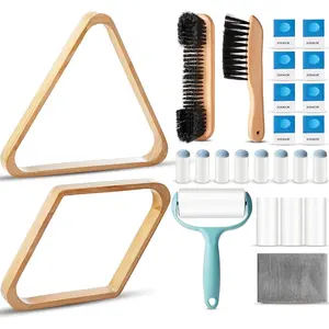ShinyRelief 22 Pcs Pool Table Brush Set Wooden Billiard Rack 8 or 9 Ball Triangle Diamond for 2-1/4" Pool Ball with Polish Cloth Sticky Lint Roller Cue Chalk Cube Accessories