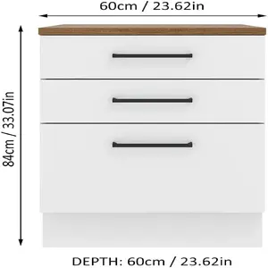 Madesa Hazel Kitchen Storage Base Cabinet with 3 Drawers 23 Inch Wide Engineered Wood Painted Finish Floor Mount Removable Plinth - White