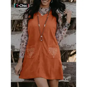 Western-Style Corduroy Embroidered Pocket Straight Sleeveless Mini Dress, Casual Fashion for Women, Perfect for Spring & Fall Seasons