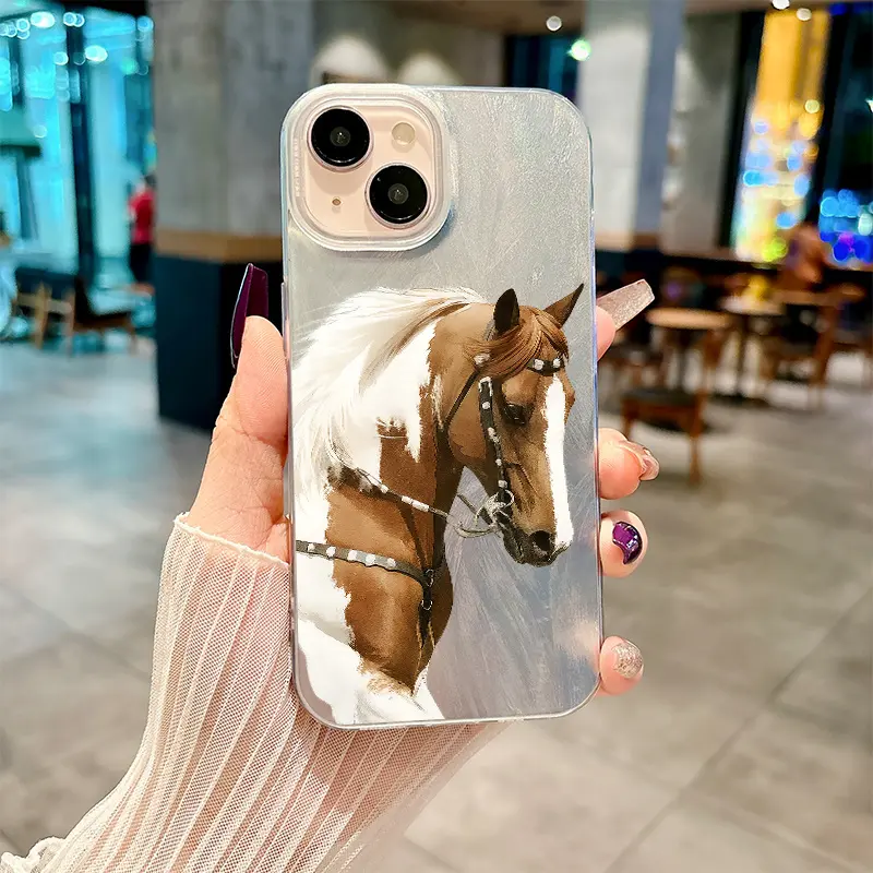 Cool Brown and White Horse Pattern Feather Phone Case, Suitable for iPhone  17 Air/16 Plus/