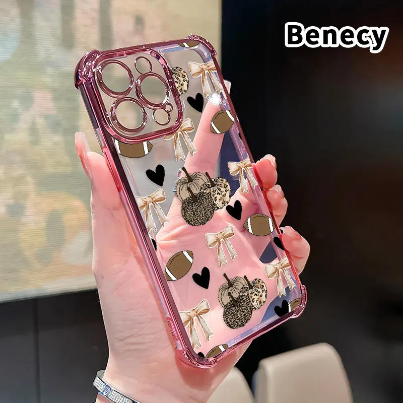 Pumpkin Bow Football Pattern Four Corner Anti-Fall Phone Case Transparent Electroplated Protective Cover for iPhone 16 Pro Max 15 Plus 14 13 12 11 E