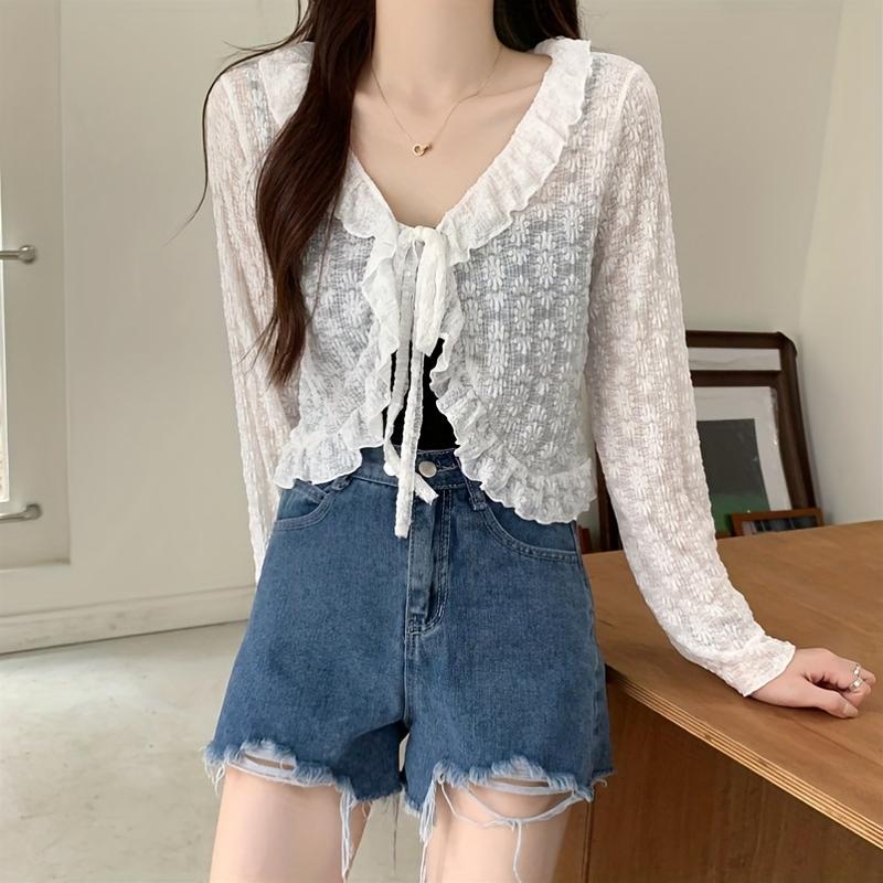 Elegant and Lightweight Lace-up Cardigan-Breathable Chiffon Shawl, Ruffles, Long Sleeves, Sun Protection-Spring/Women's Summer Top, Soft Blue, White, Cream, Pink, Black Fitted Knitwear Womenswear Basic Beige Casual
