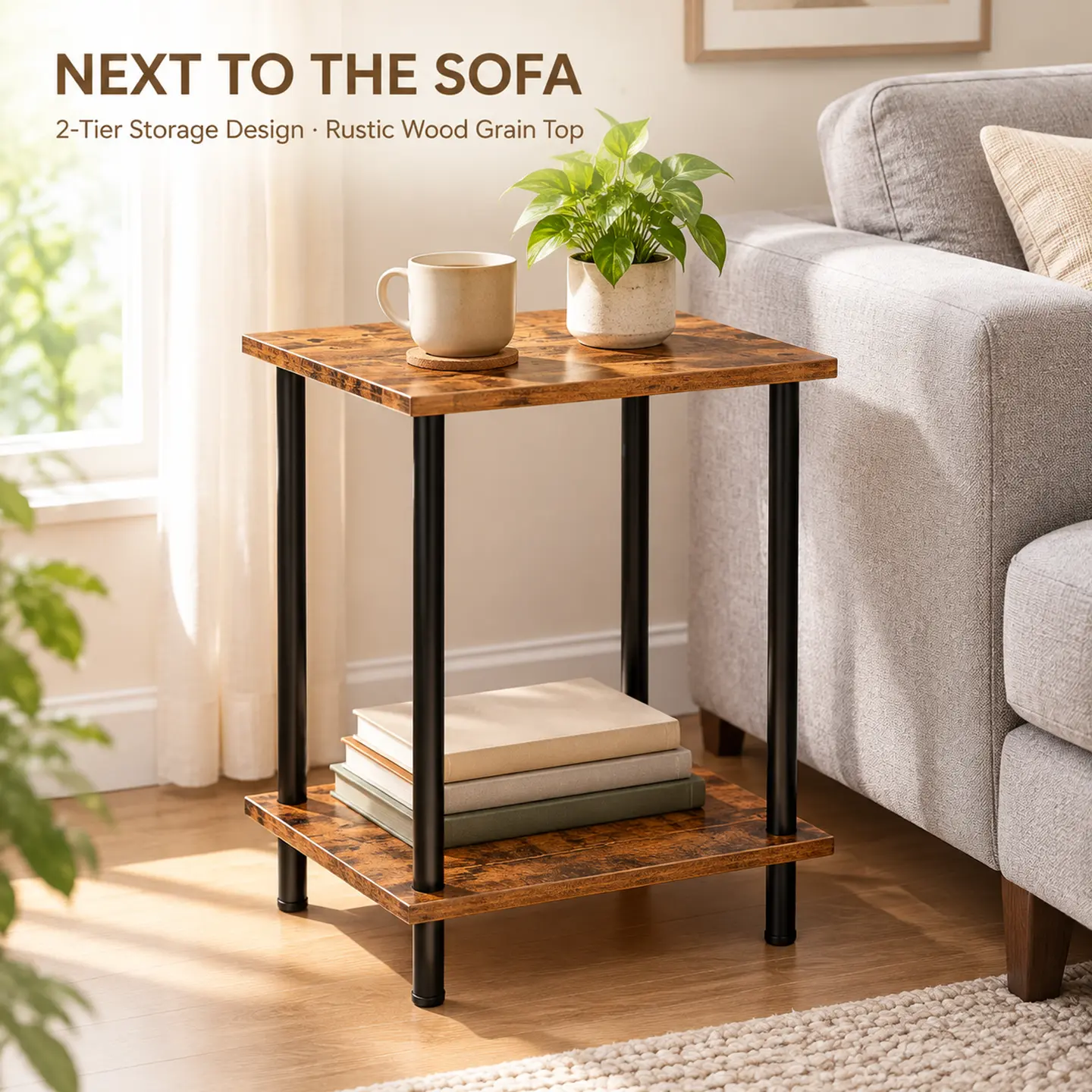 Rustic Brown Wooden Multi-Functional End Table - Furniture for Small Spaces, Space Saving, 2 Storage Compartments, Farmhouse Indoor Piece for Bedrooms, Living Rooms, Space Saving Furniture