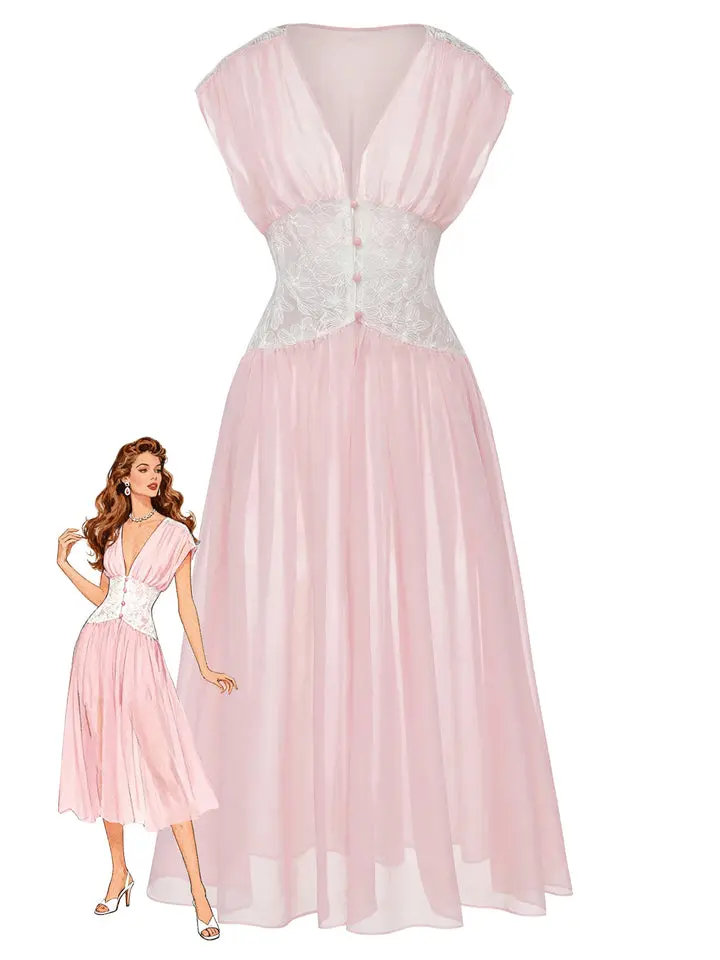 Pink 1930s Mesh Pleated Lace Waist Robe Backtoschool Nightwear Backtoschool