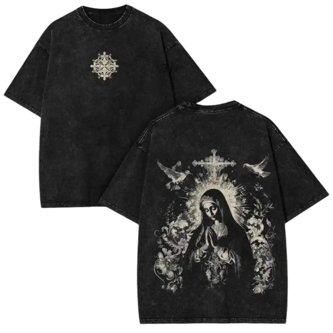 Men's Vintage Washed Distressed Short-Sleeve Round Neck Oversized Cotton Graphic Tee, Catholic Christian Faith Virgin Mary Praying Cross Apparel, Loose Streetwear Casual Everyday Top