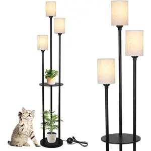 10.2x10.2x66.1 Inch 3-Light Floor Lamp with Storage Shelves Black Metal & Beige Linen Shade Foot Switch E26 Socket Industrial Tall Lamp for Living Room Bedroom Office