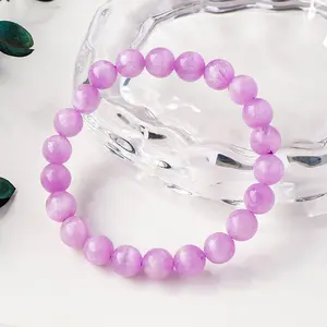 Women's Natural Kunzite 4mm Round Beaded Stretch Bangle Bracelet - Handmade Boho Healing Crystal Jewelry, Thoughtful Gift for Birthdays, 6.5-8 Inches