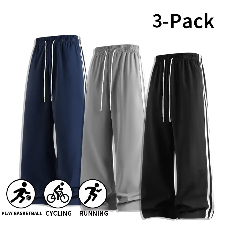 Men’s 1-Pack/3-Pack Polyester Vintage Wide-Leg Sweatpants, High-Waisted Loose-Fit American Street Trousers with 3 White Stripes & Drawstrings, All-Season Versatile Casual Pants for Hip-Hop Outfits & Everyday Wear
