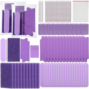 50 Sets Disposable Pedicure Kit Individually Package 5 in 1 Pedicure Tools Pumice Stone Nail File 80/100 Grit Mini Buffer Toe Separator Cuticle Pusher Clear Bag for Salon Home(Purple)