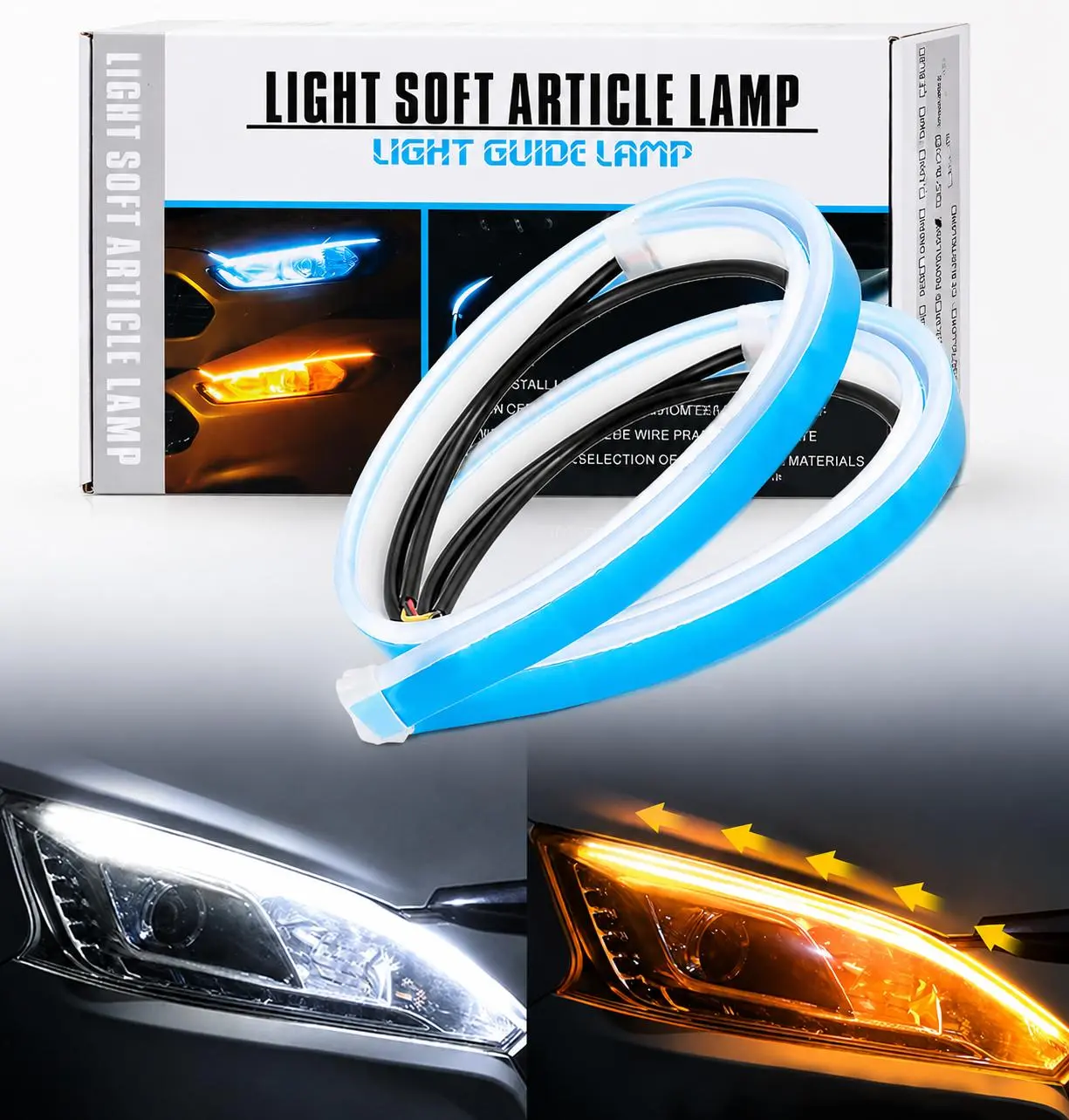 2-Piece Set Flexible Sequential LED DRL Strip Lights, 30cm White & Ice Blue Daytime Running Lamp, Amber Dynamic Flowing Turn Signal Light, IP Waterproof Universal Car Headlight Exterior Mod Accessories