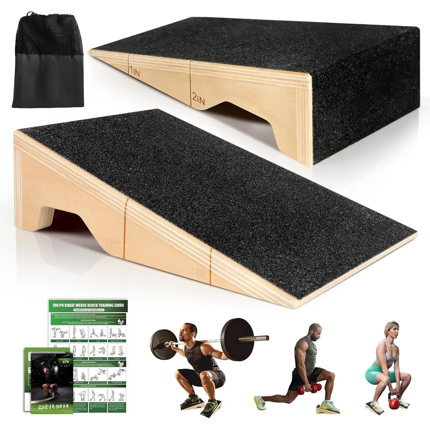 Squat Wedge Block, 2 Pcs Non-Slip Wooden Squat Wedge for Heel Elevation & Weightlifting with Training Poster & Storage, 1800 Lbs Capacity Exercise Slant Board for Calf Stretching & Ankle Mobility