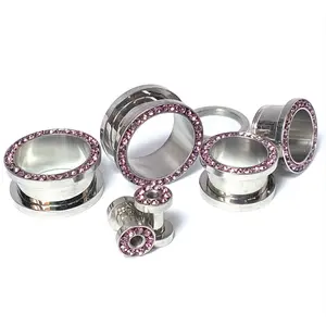 PAIR Lavender CZ Gem Rimmed 316L Surgical Steel Screw Fit Tunnels Plugs Gauges