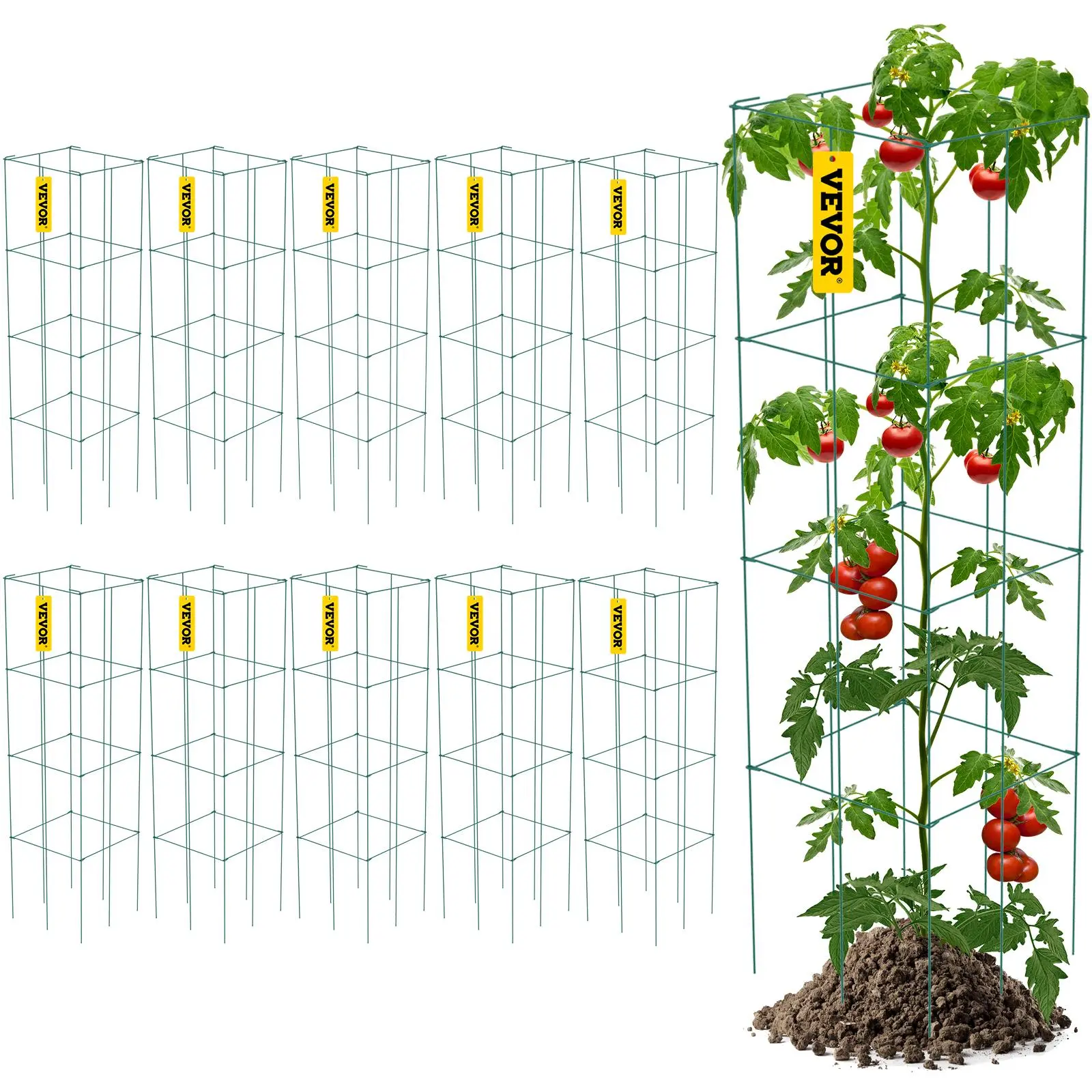 VEVOR 10-Pack 3-Tier Square Metal Tomato Cages, 11.8"L x 11.8"W x 46.1"H Foldable Green PVC-Coated Steel Towers, Garden Fencing Trellis for Outdoor Climbing Plants & Vegetables (Father's Day Gift), 10 Sets Of 3-Tier Square Trellis