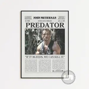 Predator, John McTiernan, Retro Newspaper Movie Poster No Frame, Black White Wall Art, Vintage Retro Art Print