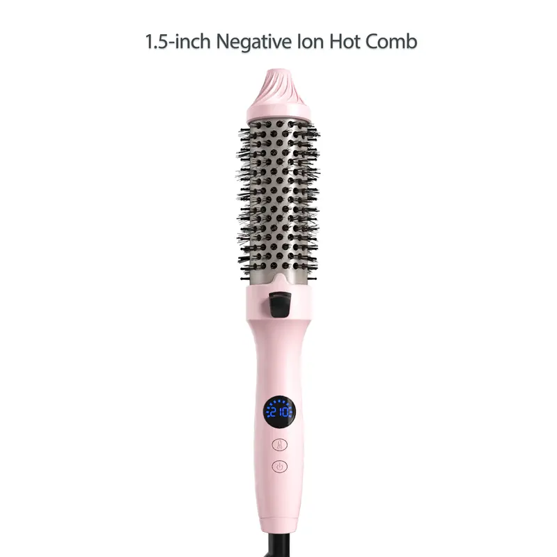 1.5-Inch Ionic Thermal Hair Straightener Brush - Negative Ions Straightener with 11 Adjustable Temps (110°C–210°C), Fast Dry Thermal Brush for Straightening Curly Hair, Bouncy Curls, Silky Results, Pink Beauty Appliance