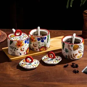 Hand-Painted Ceramic Spice Jar, Durable and Heat-Resistant, Lead-Free Safe Glaze, Ideal for Salt Sugar Coffee Tea Spices, Decorative Storage
