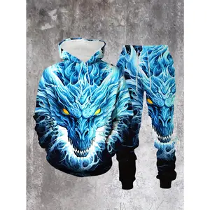 Men's 3D Casual Fashion Bold Personality  Dragon Cool Sweatshirt Hoodie Set Polyester Trendy Two-Piece Outfit