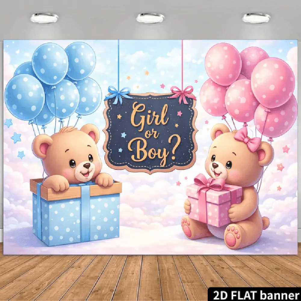 Polyester 2D Flat Single Cloth Banner - HD Print Teddy Bear Gender Reveal Backdrop, Soft, Lightweight Carry, Foldable, Wash-and-Reuse, Machine Washable Home & Festive Party Supply