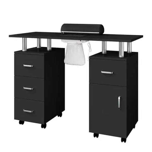 42" Black Nail Desk Workstation - Specialty Salon Furniture, Stable, High-Performance Dust Extraction, Lockable Wheels, 4 Storage Drawers with Smooth-Gliding Rails, Arm Rest, Acetone-Resistant Top, Storage Cabinet for Nail Techs, Sturdy