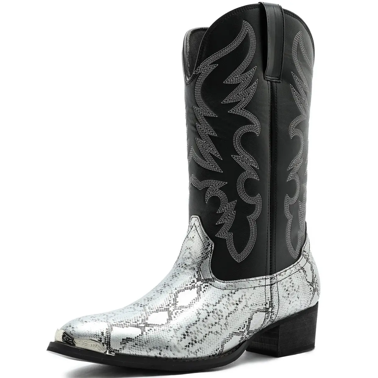 Zotixvox Men's Cowboy Boots, Retro Western Mid-Calf Design with Colorblock Embroidery, PU Leather Footwear with Pointed Metal Toe
