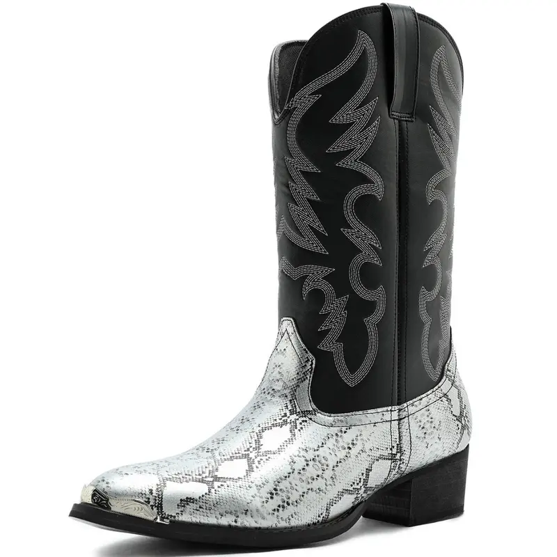 Zotixvox Men's Slip-On American Style Cuban Cowboy Boots - Faux Leather Fabric, Pointed Toe, Above the Ankle But Below the Knee, Colorblock Embroidery, Animal Print, Renaissance, Breathable Lightweight PU, All-Seasons Soft Rubber Sole, Casual Design