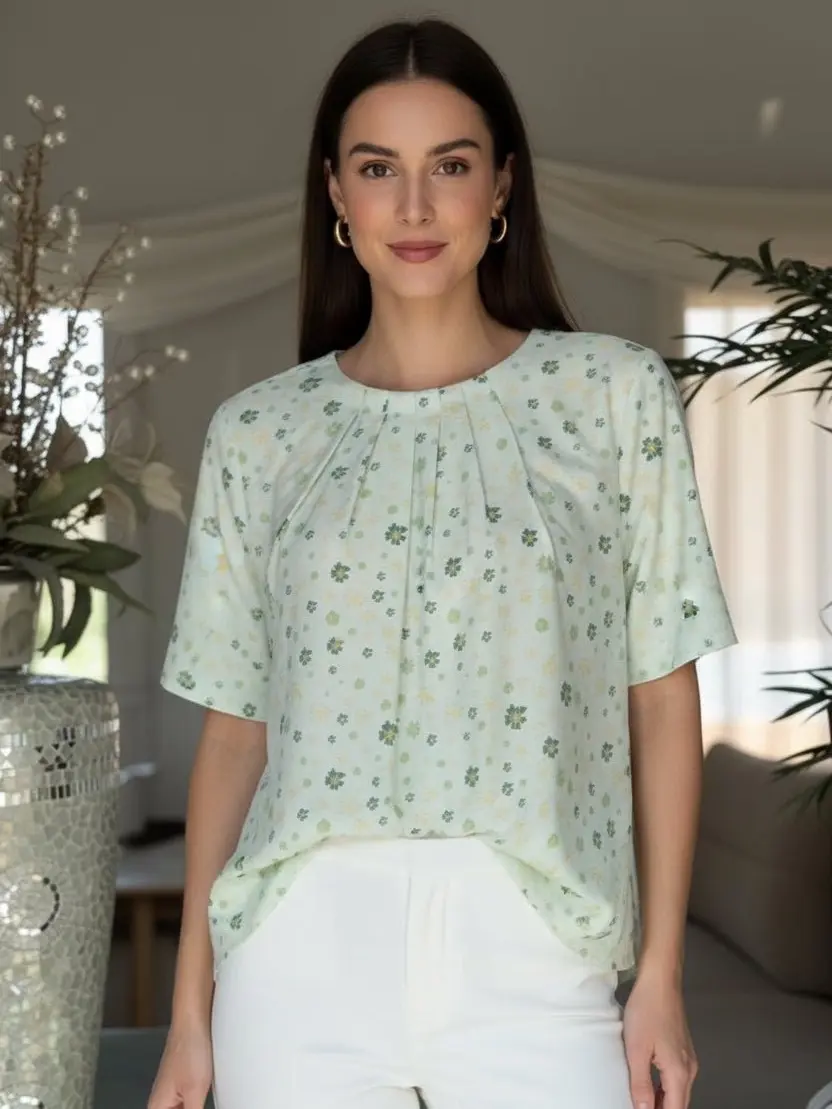 Leafy Pleated Top - 100% Polyester Crew Neck Short Sleeves Loose Fit Machine Washable Women's Fashion Top