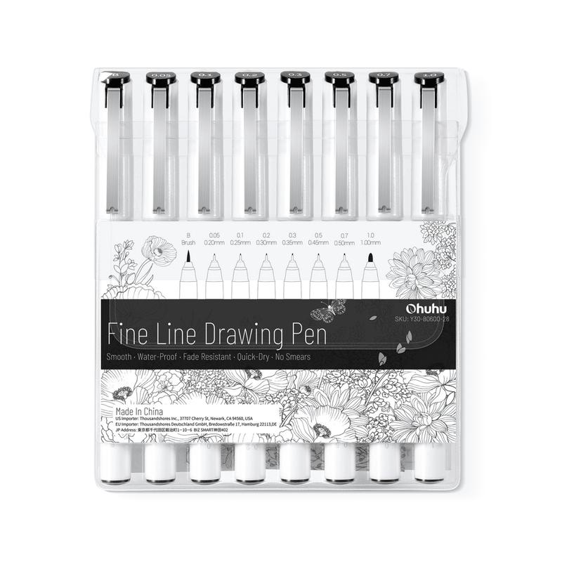 Ohuhu Micro Fineliner Pens: 8 Waterproof Black Ink Pens in Assorted Sizes for Drawing, Journaling, Sketching, Anime, Manga & Watercolor Art
