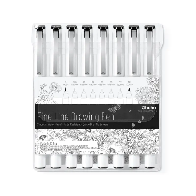 Ohuhu Micro Fineliner Pens: 8 Waterproof Black Ink Pens in Assorted Sizes for Drawing, Journaling, Sketching, Anime, Manga & Watercolor Art