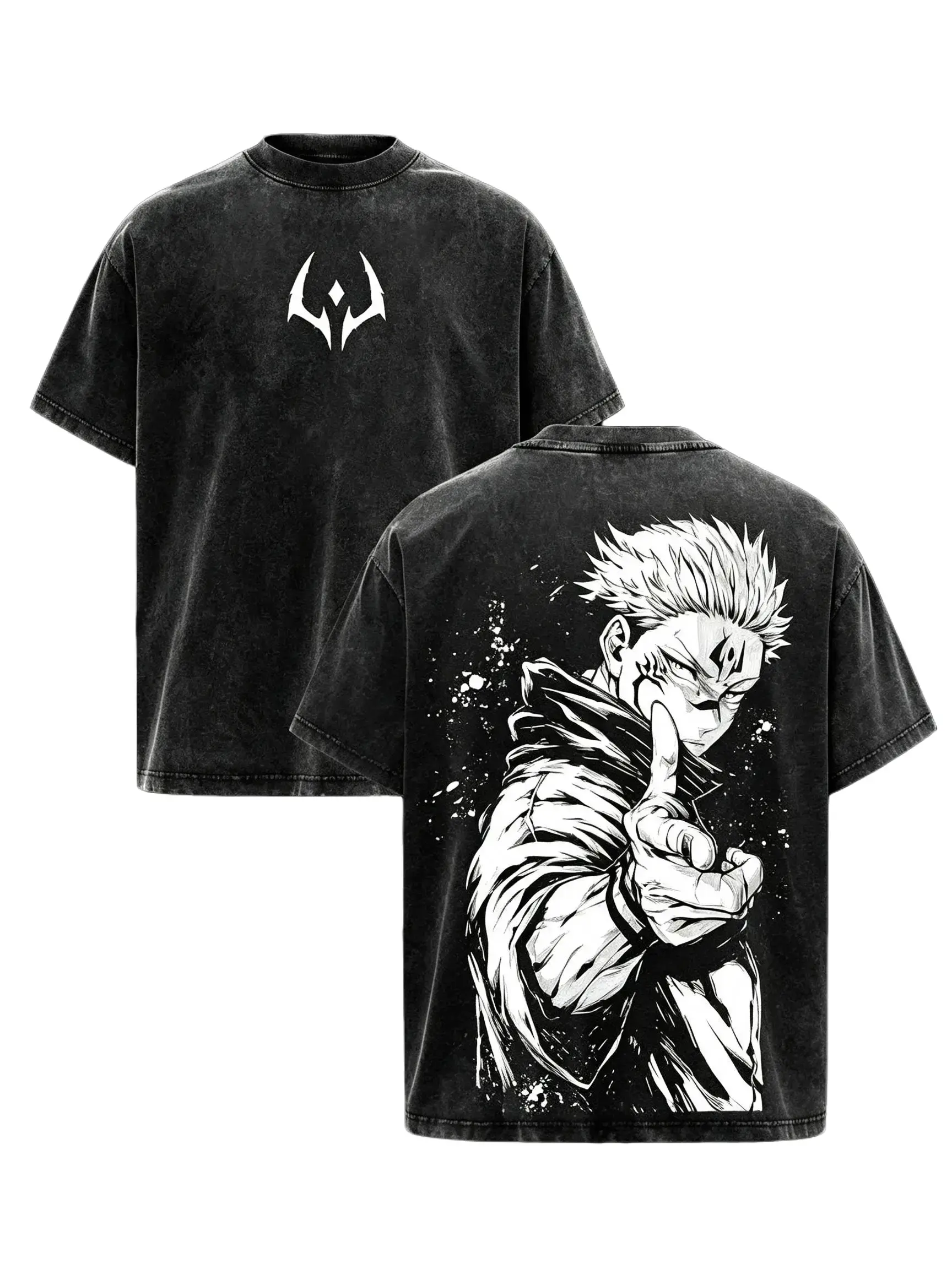 Women's Ryomen Sukuna Anime Art Graphic Print T-Shirt - Vintage Washed Black, Heavy Cotton, Oversized King of Curses Streetwear Tee