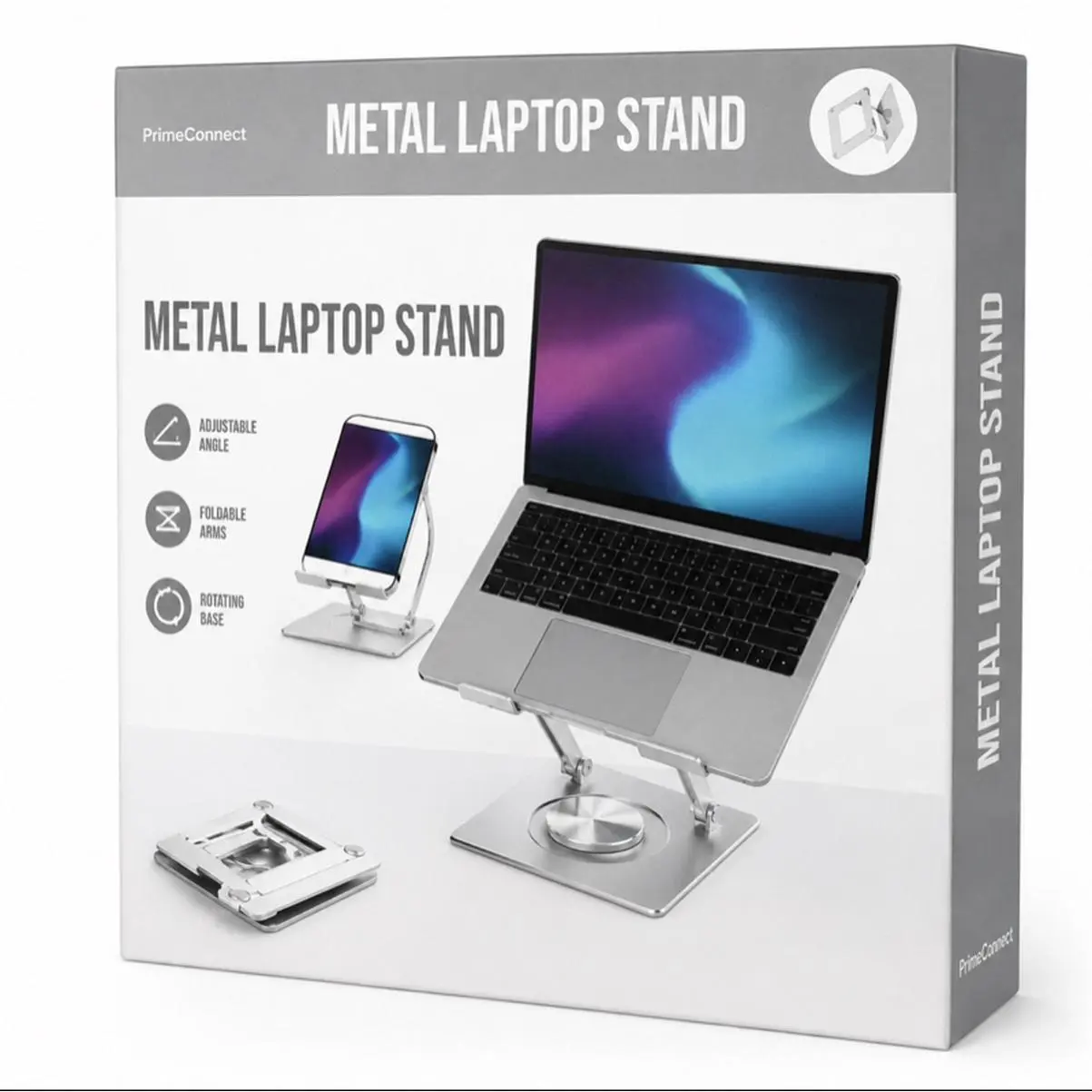 PrimeConnect Metal Laptop Stand Silver Color Adjustable Foldable Design Ergonomic Elevated Position Stable Base Non-Slip Silicone Pads Portable Lightweight