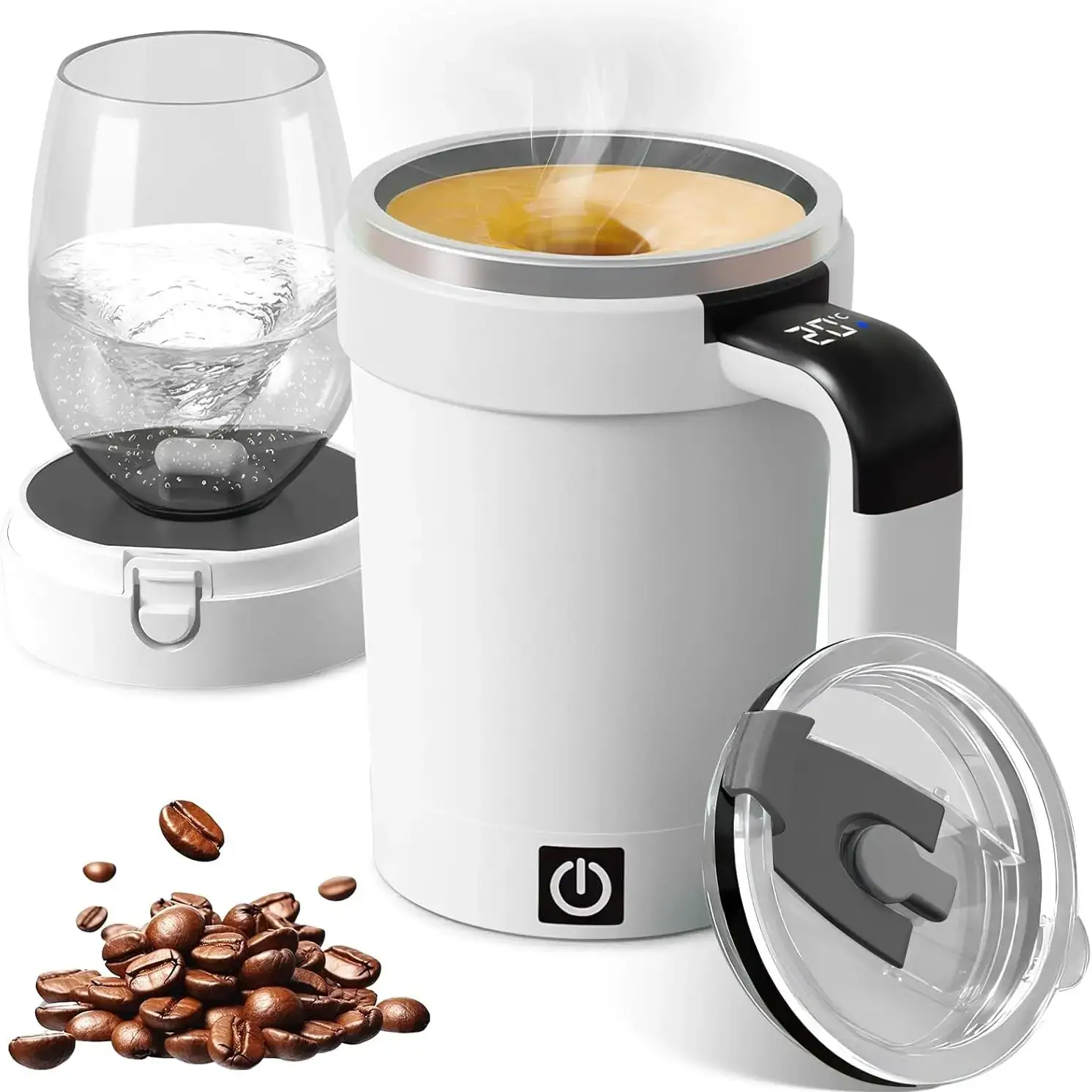 Automatic Stirring Coffee Cup, Rechargeable Automatic Stirring Cup with Temperature Display, Drinking Cup Lid with Straw, Suitable for Coffee, Tea and