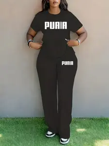 Women's Spring Summer Plus Size Fashion Letter Print Round Neck Short Sleeve T-Shirt & Wide Leg Pants Two-Piece Set Casual Matching Set