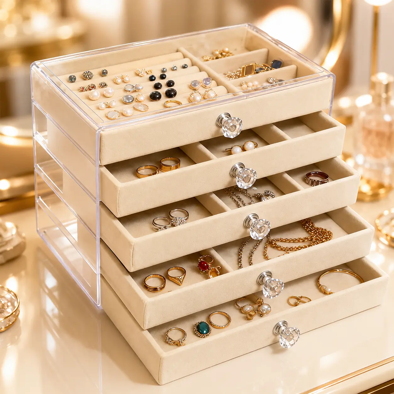 5-Drawer Clear Acrylic Jewelry Box Organizer with Velvet Trays, Large Capacity Earring Ring Necklace Bracelet Storage Case, Stackable Display Holder with Crystal Knobs for Women, Girls, Dresser & Vanity