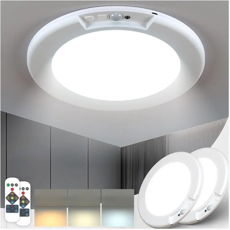 Rechargeable Motion Sensor Ceiling Light - 2 Pack Battery Operated New Light w/ Remote | Ultra-Thin | 400LM Magnetic Suction Wireless Lights, for Closets, Indoor, Stairs, Hallway, Shower Led Lighted