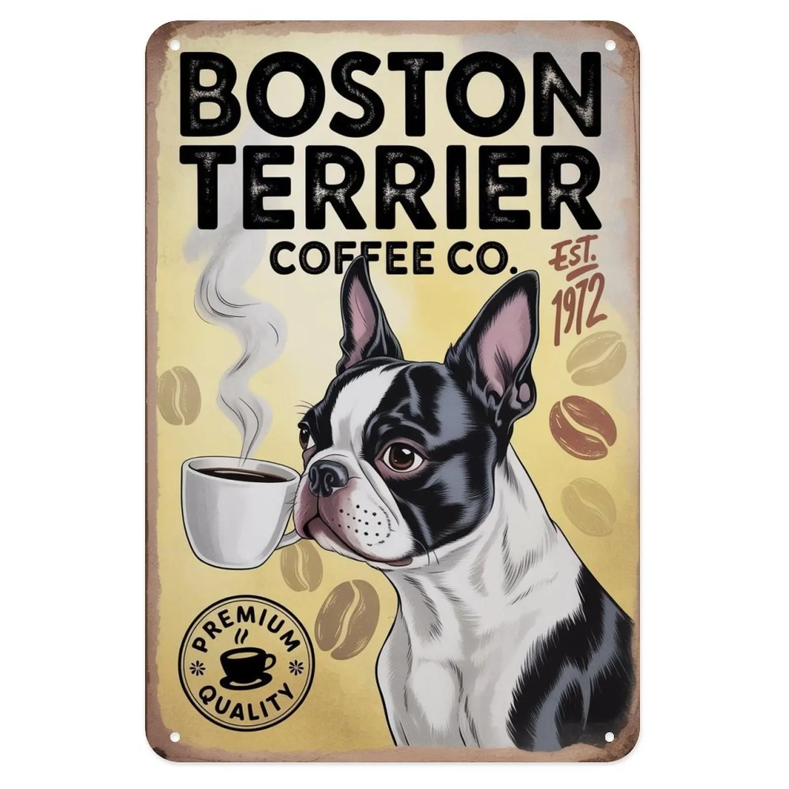 Boston Terrier Coffee Dog Tin Sign, Vintage Boston Terrier Coffee Co. Metal Sign Print Aesthetic Room Decoration for Home Bedroom Kitchen Bar Coffee Shop Bathroom Indoor Outdoor Wall Decor, 8 X 12