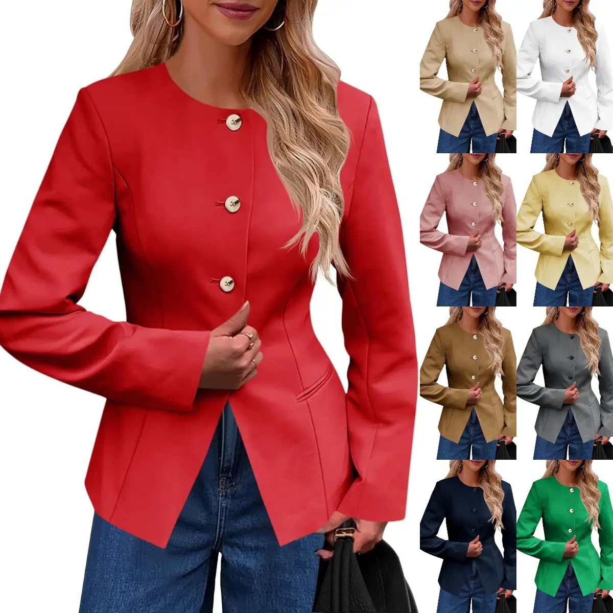FMEYOA Womens Business Casual Fitted Blazers Collarless Split Hem Work Office Button Down Suit Jackets