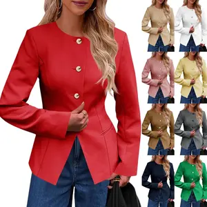 FMEYOA Womens Business Casual Fitted Blazers Collarless Split Hem Work Office Button Down Suit Jackets