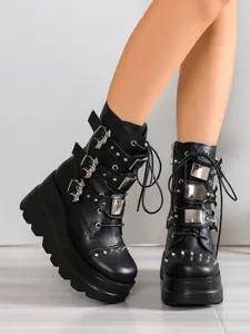 Dark Punk Thick Sole Boots, Bat Buckle Rivet Platform Short Boots, Gothic Side Zipper Boots, Super Height Anti-Slip Slim Fit Motorcycle Boots
