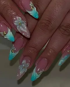 Ocean Breeze Floral Press On Nails/Handmade Gel Nails In Long Almond/Glue On Nails/Summer Nails/Vacation Holiday Party Nails/Gift for Her