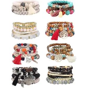 LOYALLOOK 8 Sets Bohemian Stackable Bead Bracelets for Women Stretch Multilayered Boho Stackable Bracelets Stack Beads Multicolor Beaded Strand Bangle Charm Bracelets Boho Tassel Bracelet Set Handmade Jewelry Elastic Cord Summer Gift Perfect